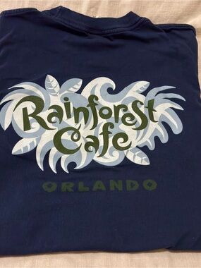 Vintage RAINFOREST Cafe Navy Graphic Tee with Green & Light Blue Logo